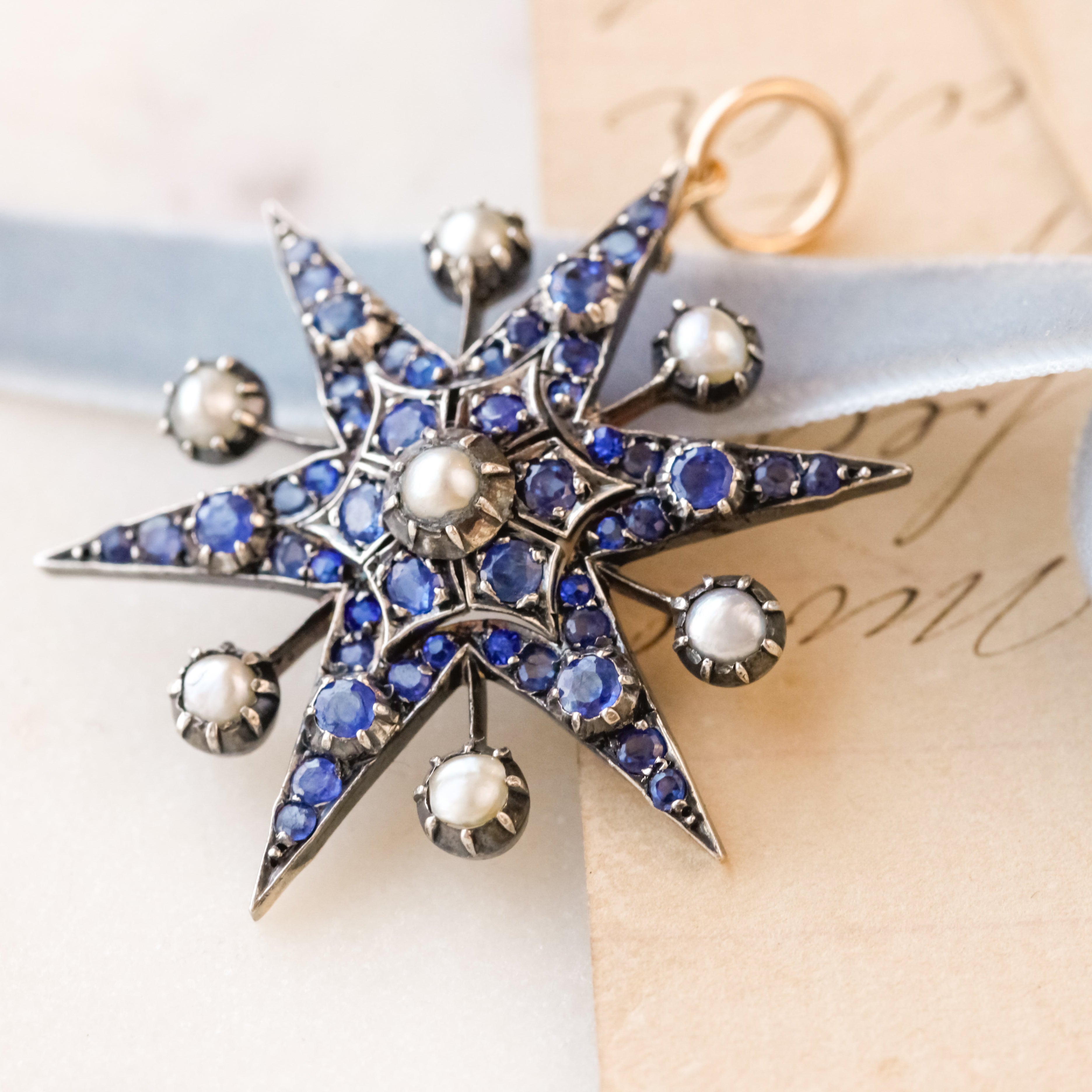 Old Cut Sapphire + Pearl Celestial Pendant
