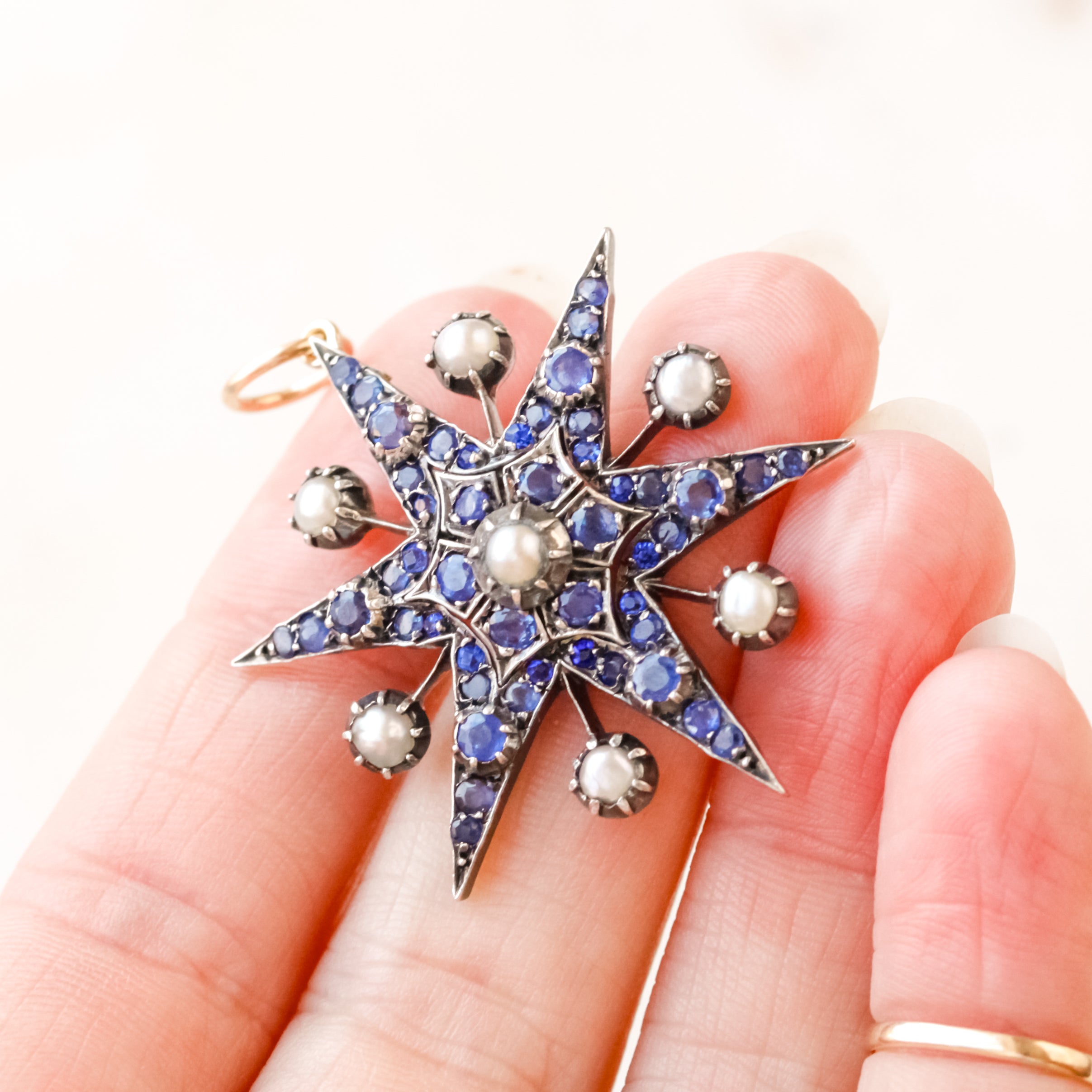Old Cut Sapphire + Pearl Celestial Pendant