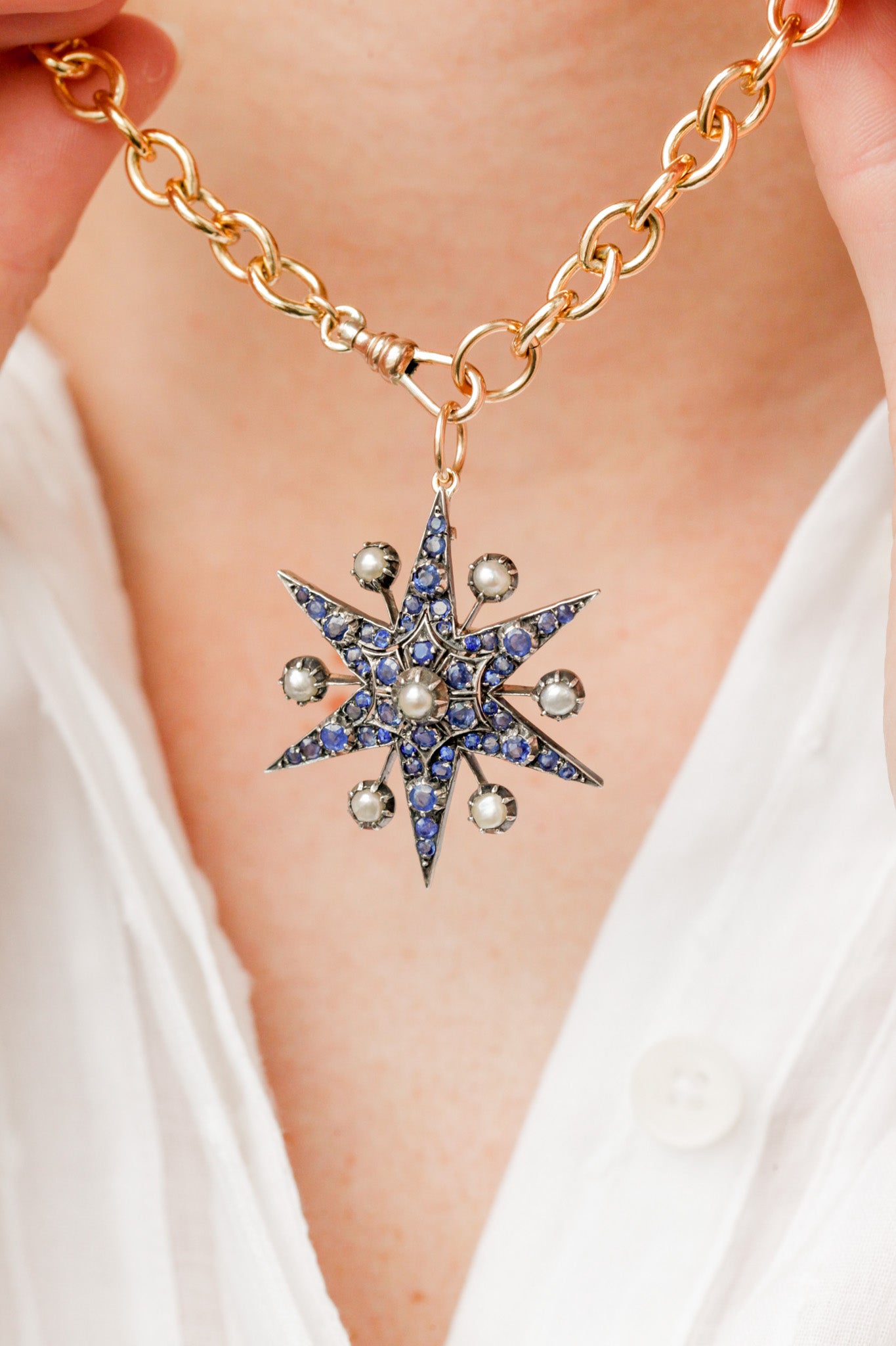 Old Cut Sapphire + Pearl Celestial Pendant