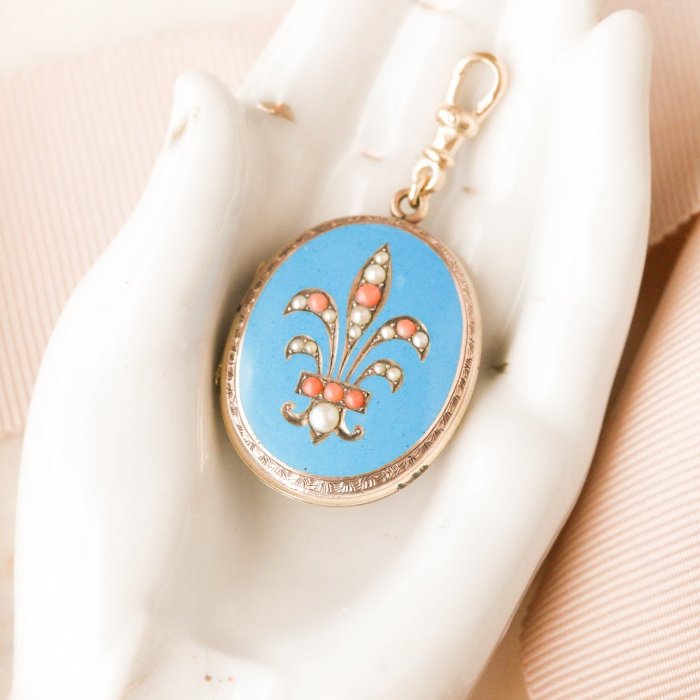 Enameled Coral + Pearl Gold Locket
