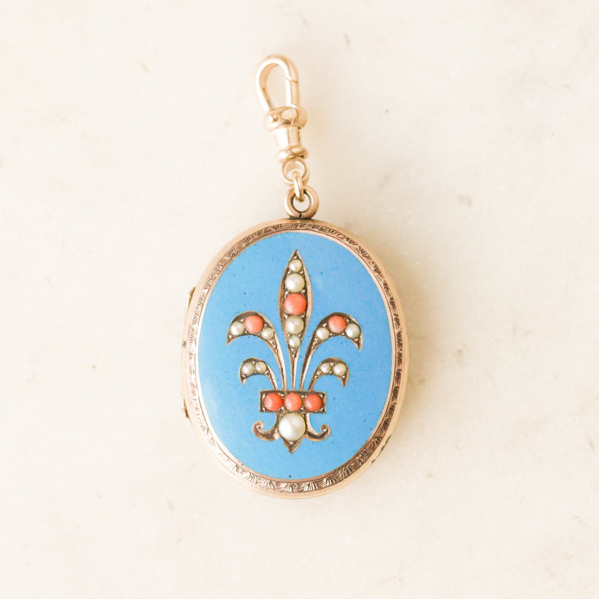 Enameled Coral + Pearl Gold Locket