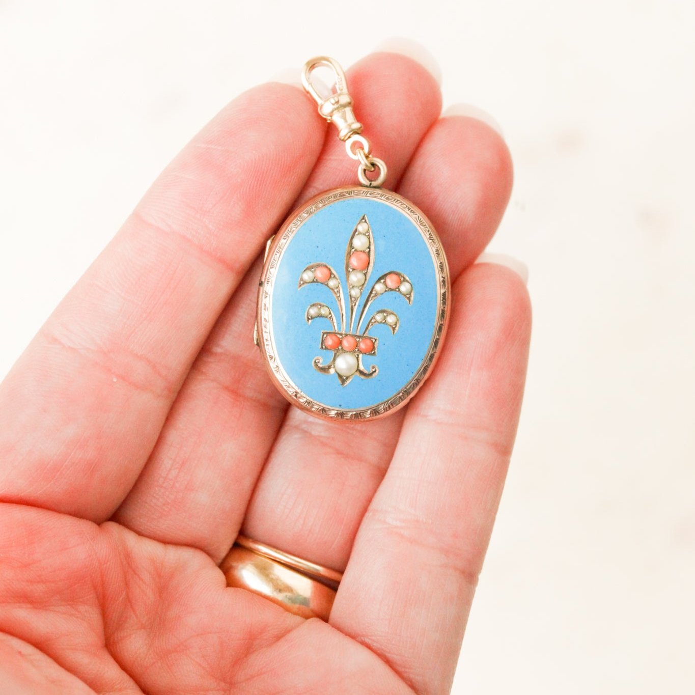Enameled Coral + Pearl Gold Locket