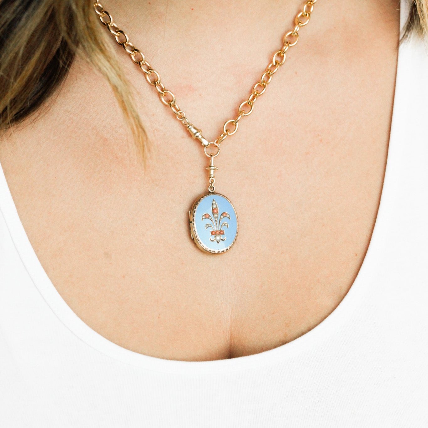 Enameled Coral + Pearl Gold Locket