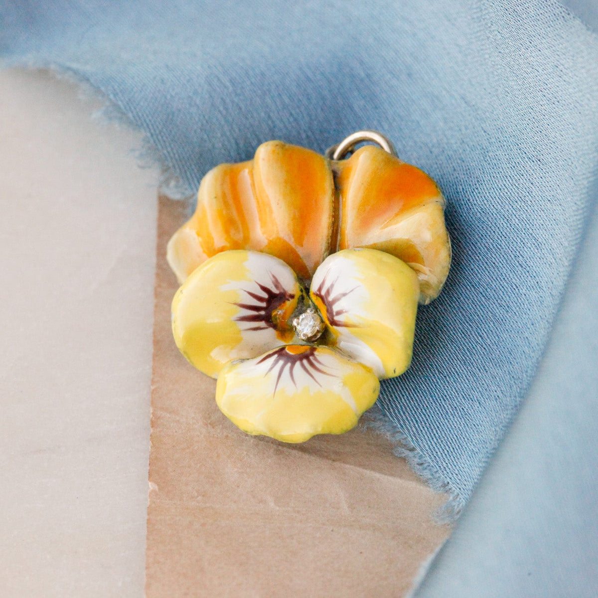 Edwardian Yellow Enamel & Diamond Pansy Pendant