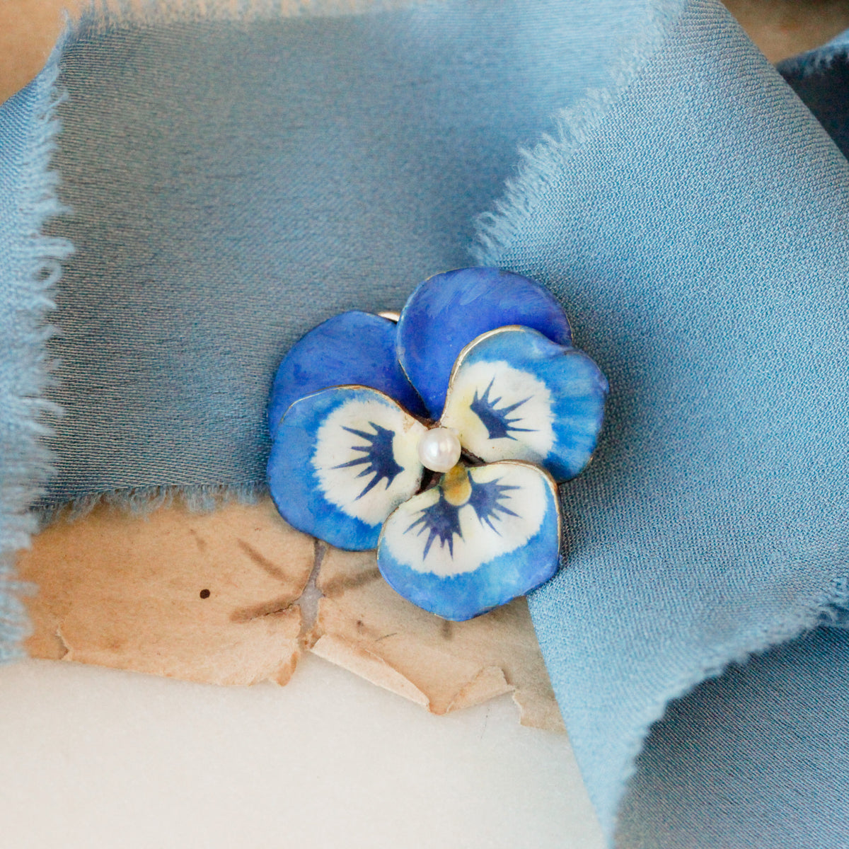 Edwardian Blue Enamel & Pearl Pansy Pendant