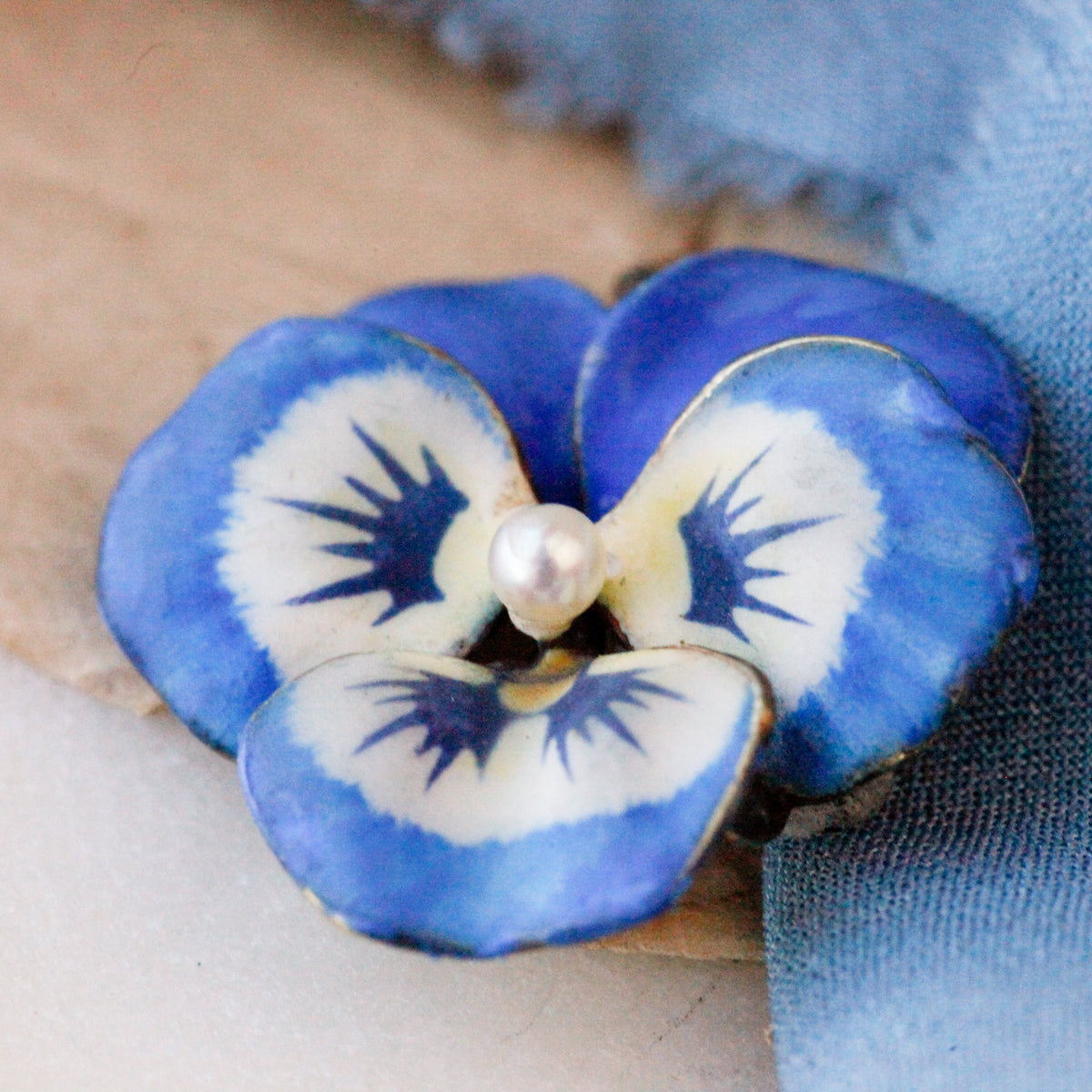 Edwardian Blue Enamel & Pearl Pansy Pendant