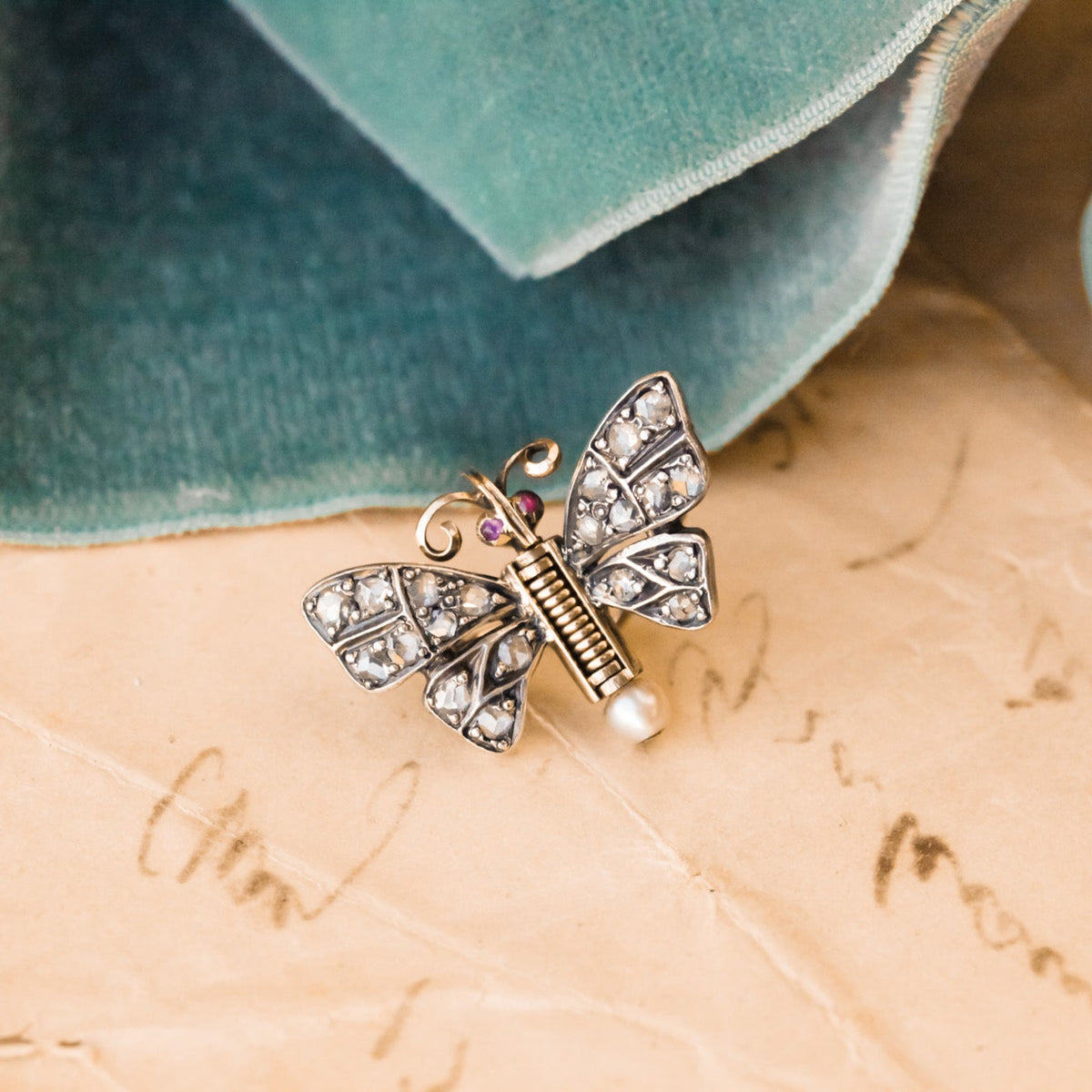 Georgian Diamond, Ruby & Pearl Butterfly Clip