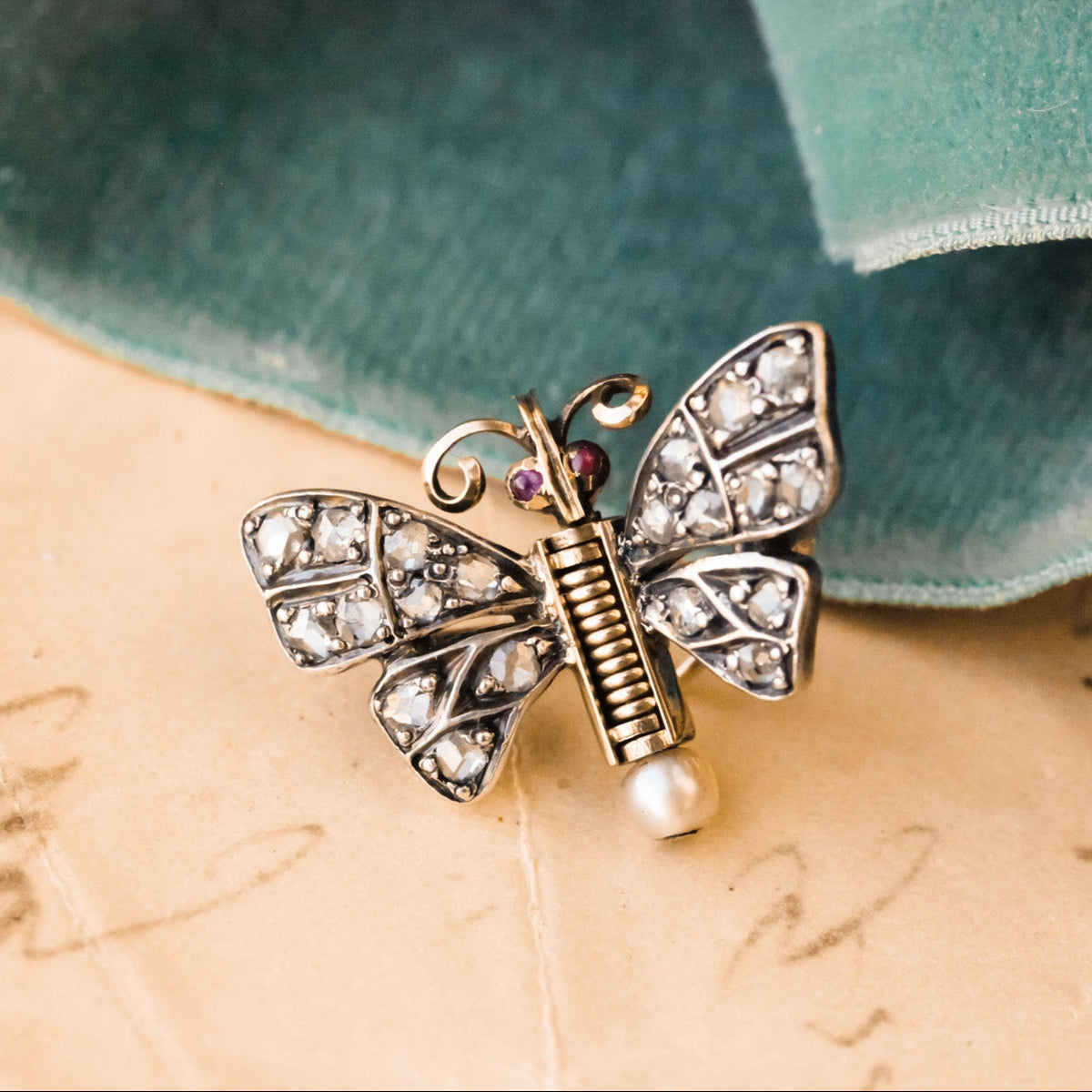 Georgian Diamond, Ruby & Pearl Butterfly Clip