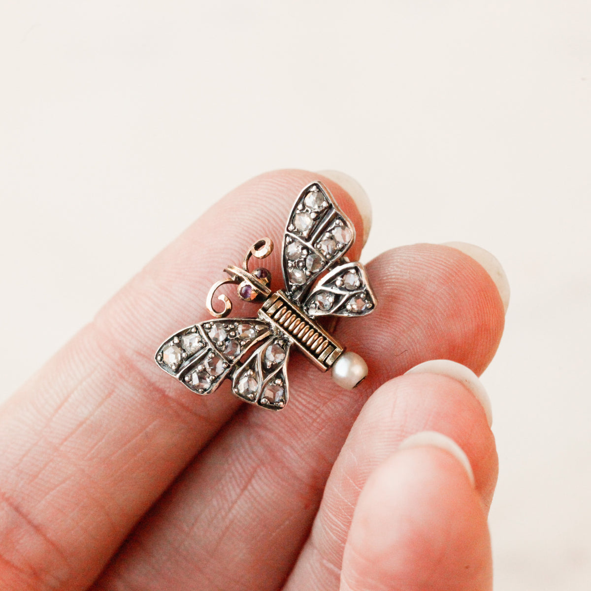 Georgian Diamond, Ruby & Pearl Butterfly Clip
