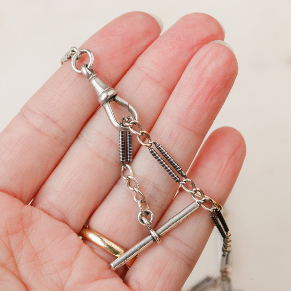 Victorian Sterling Silver Niello Striped Figaro Chain with Toggle and Swivel Clasp