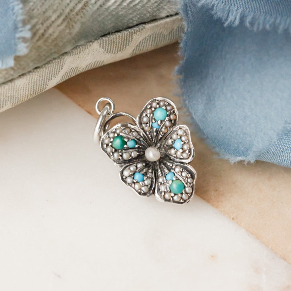 Victorian Turquoise and Seed Pearl Flower Pendant