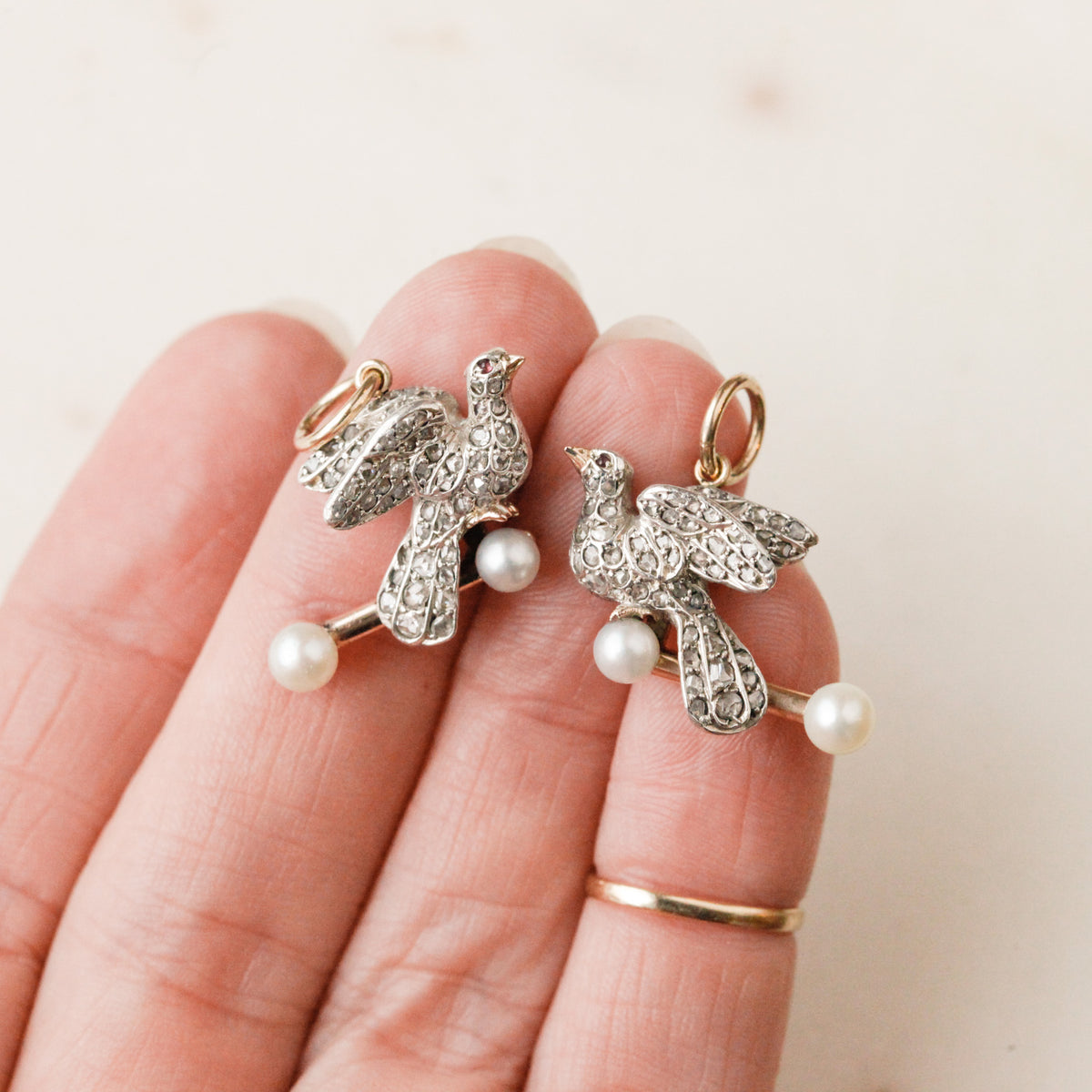 Georgian Diamond and Ruby Dove Pendants
