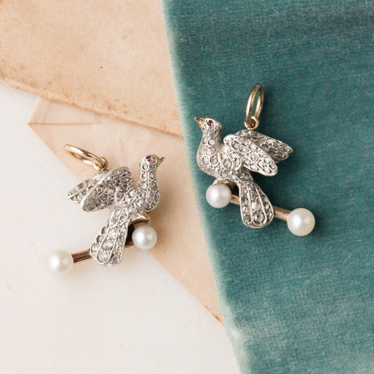 Georgian Diamond and Ruby Dove Pendants