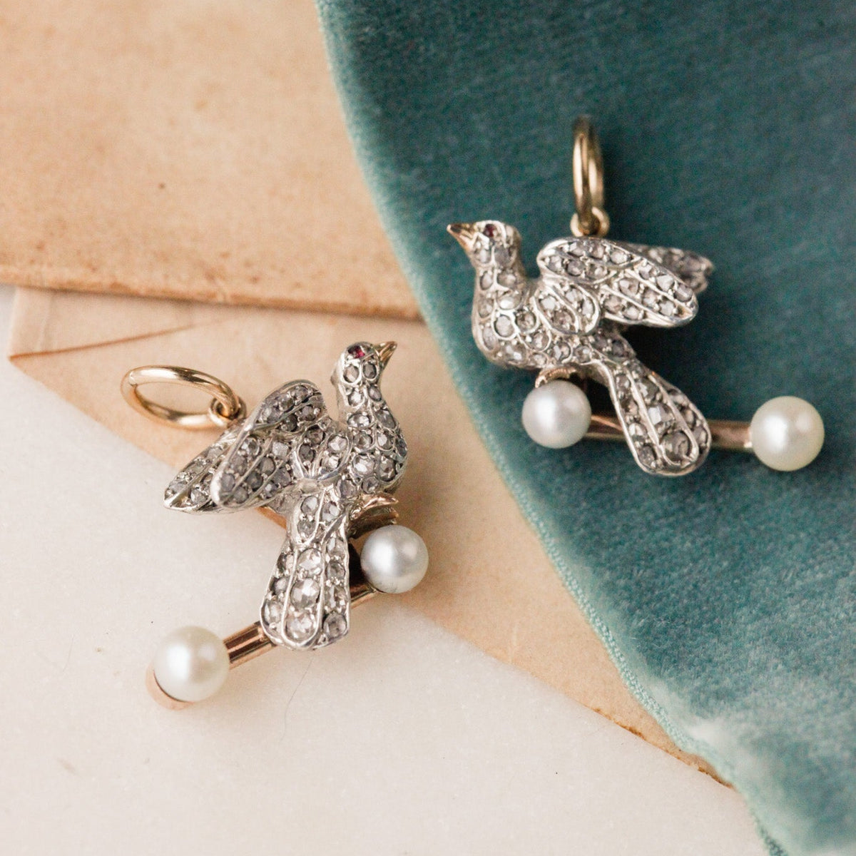 Georgian Diamond and Ruby Dove Pendants
