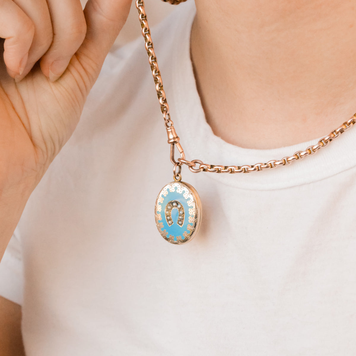 Arabella Victorian Pearl Horseshoe Enamel Locket