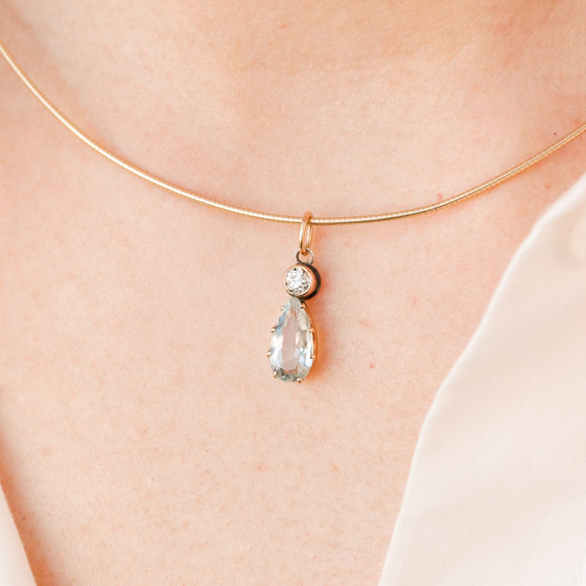 Valencia Old Mine Diamond and Aquamarine Drop Pendant