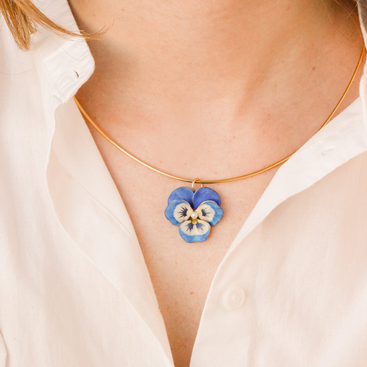 Edwardian Blue Enamel & Pearl Pansy Pendant