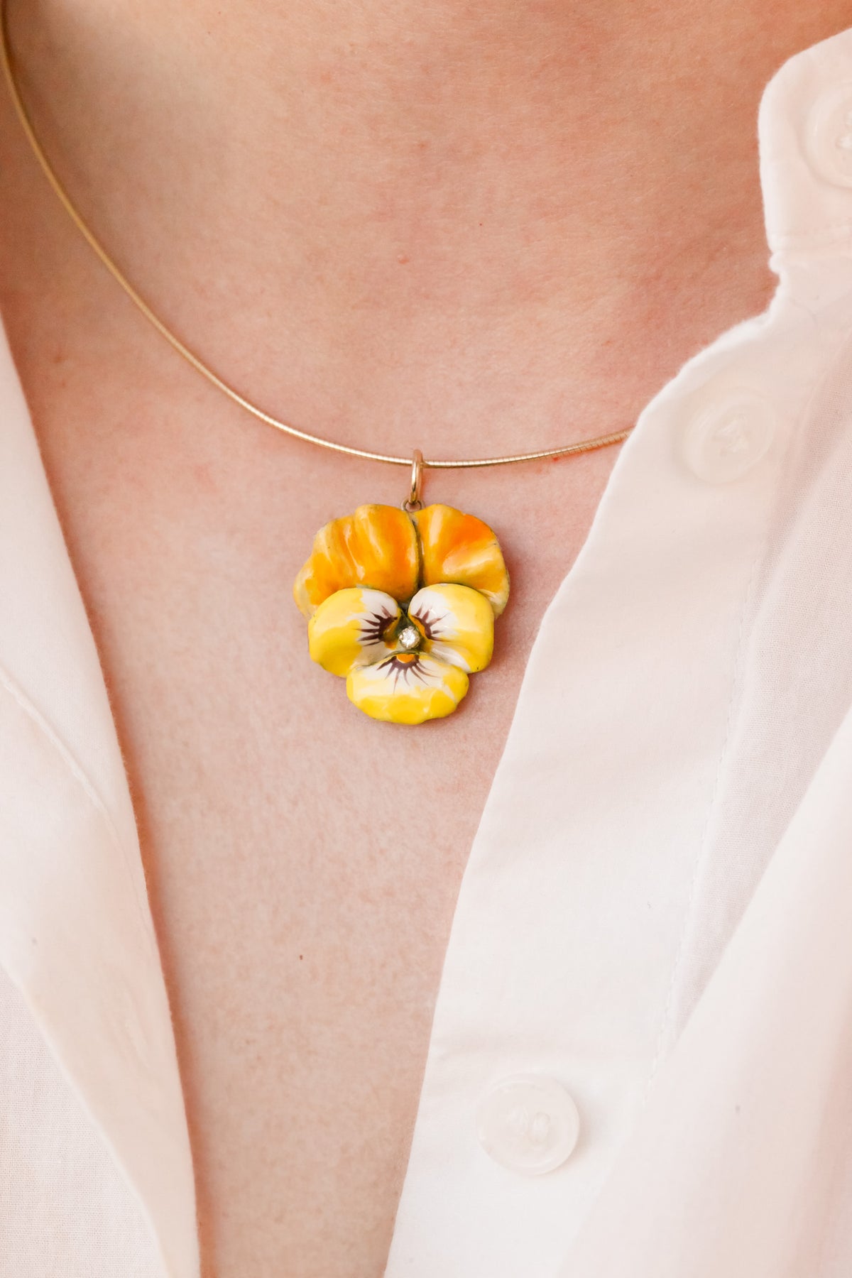 Edwardian Yellow Enamel & Diamond Pansy Pendant