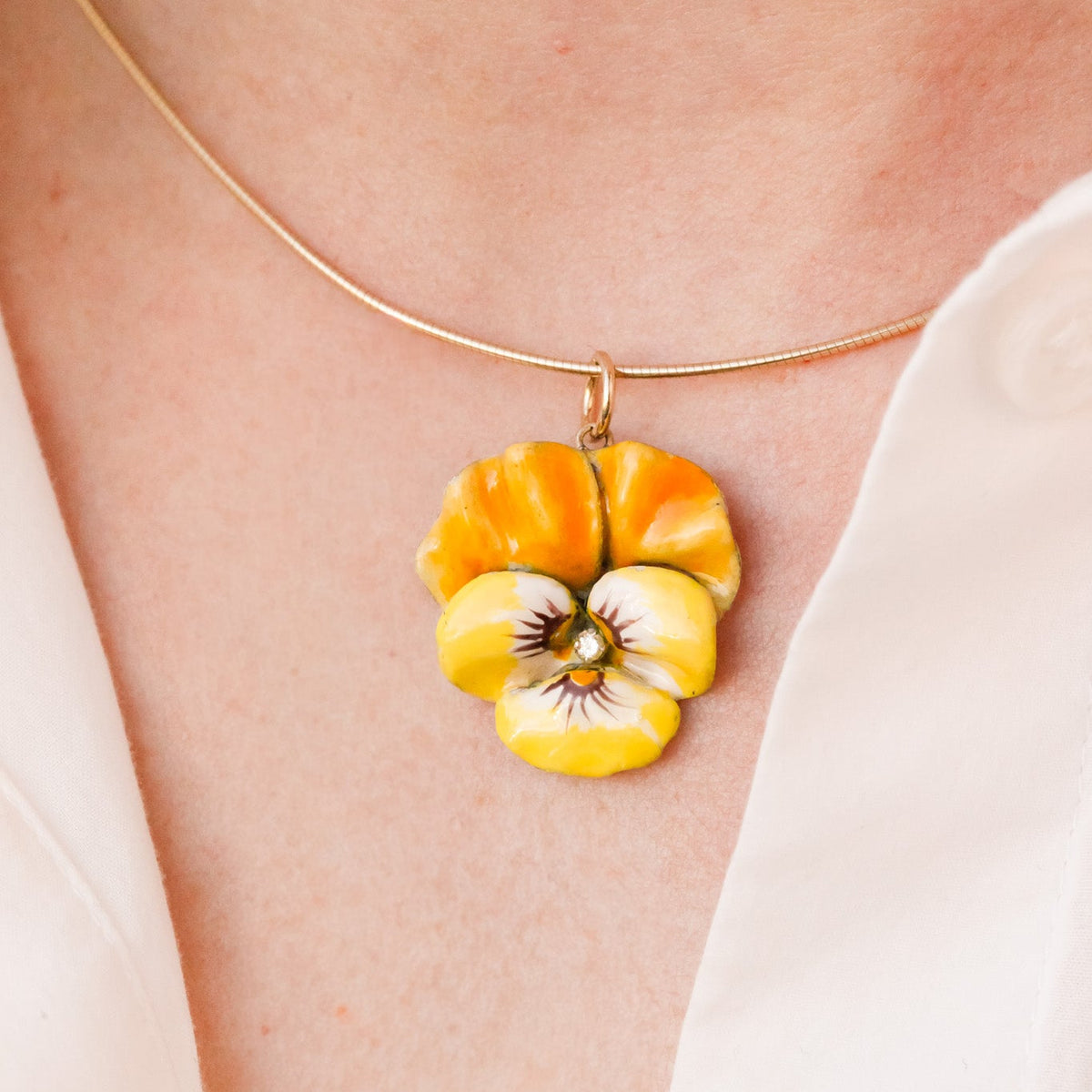 Edwardian Yellow Enamel & Diamond Pansy Pendant