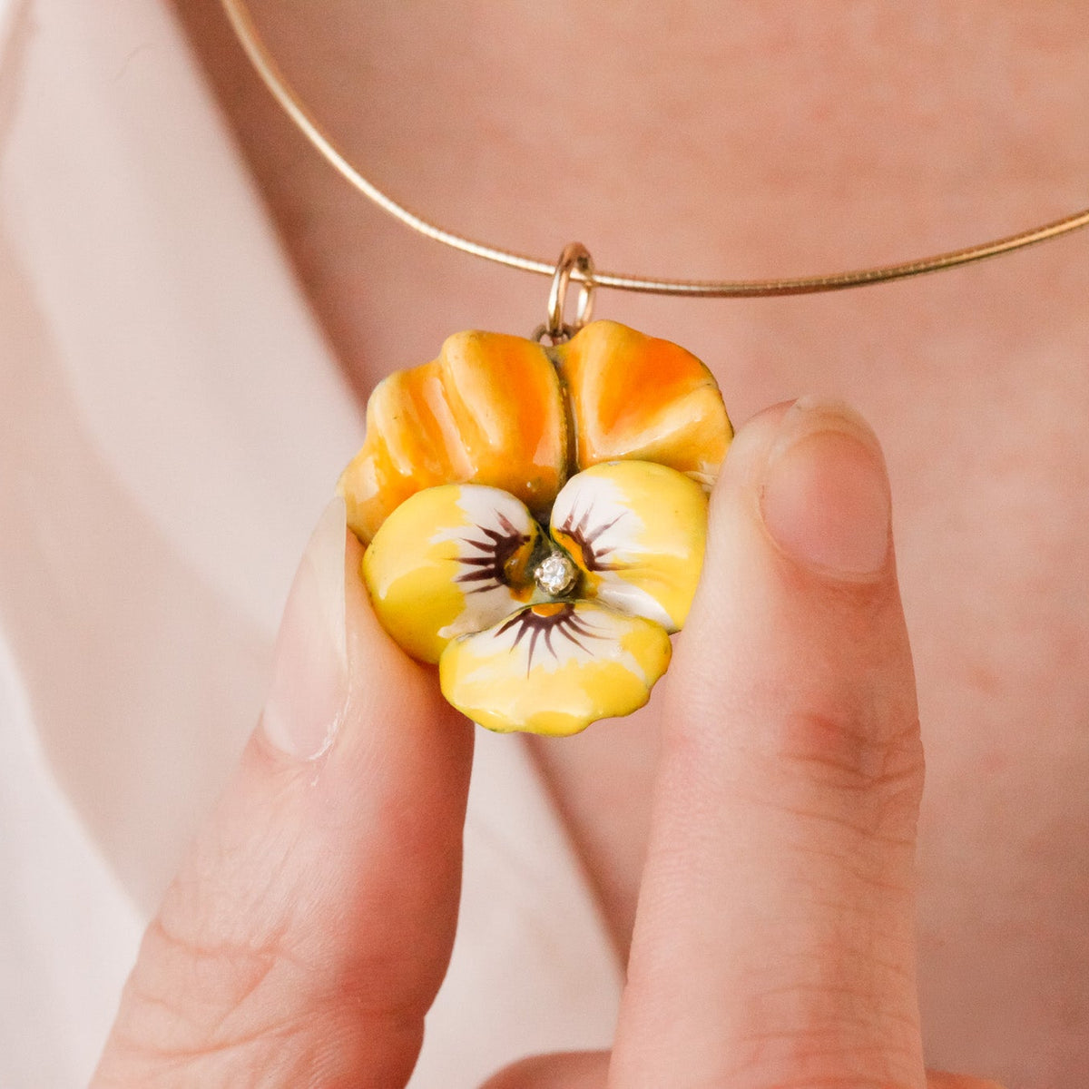 Edwardian Yellow Enamel & Diamond Pansy Pendant
