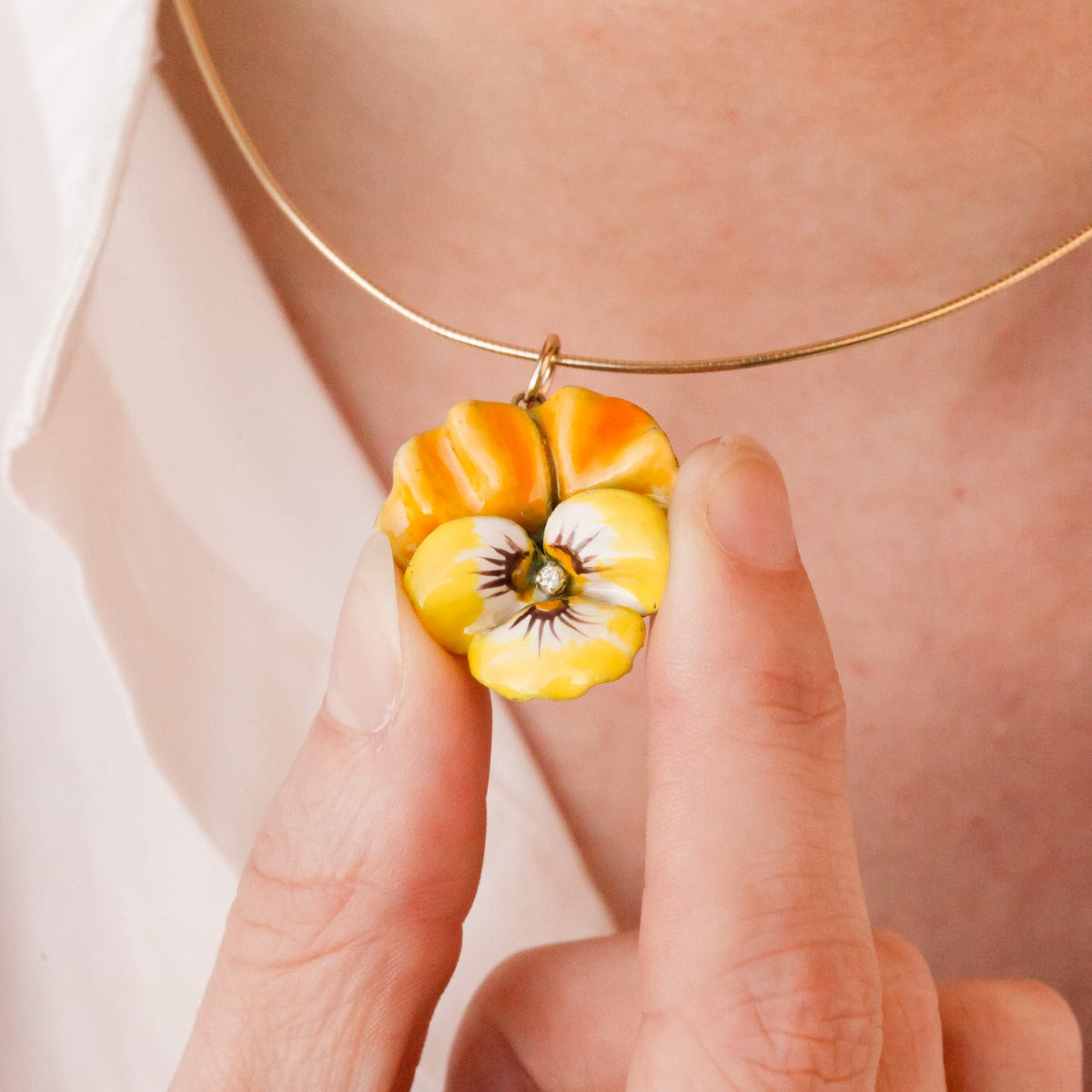 Edwardian Yellow Enamel & Diamond Pansy Pendant