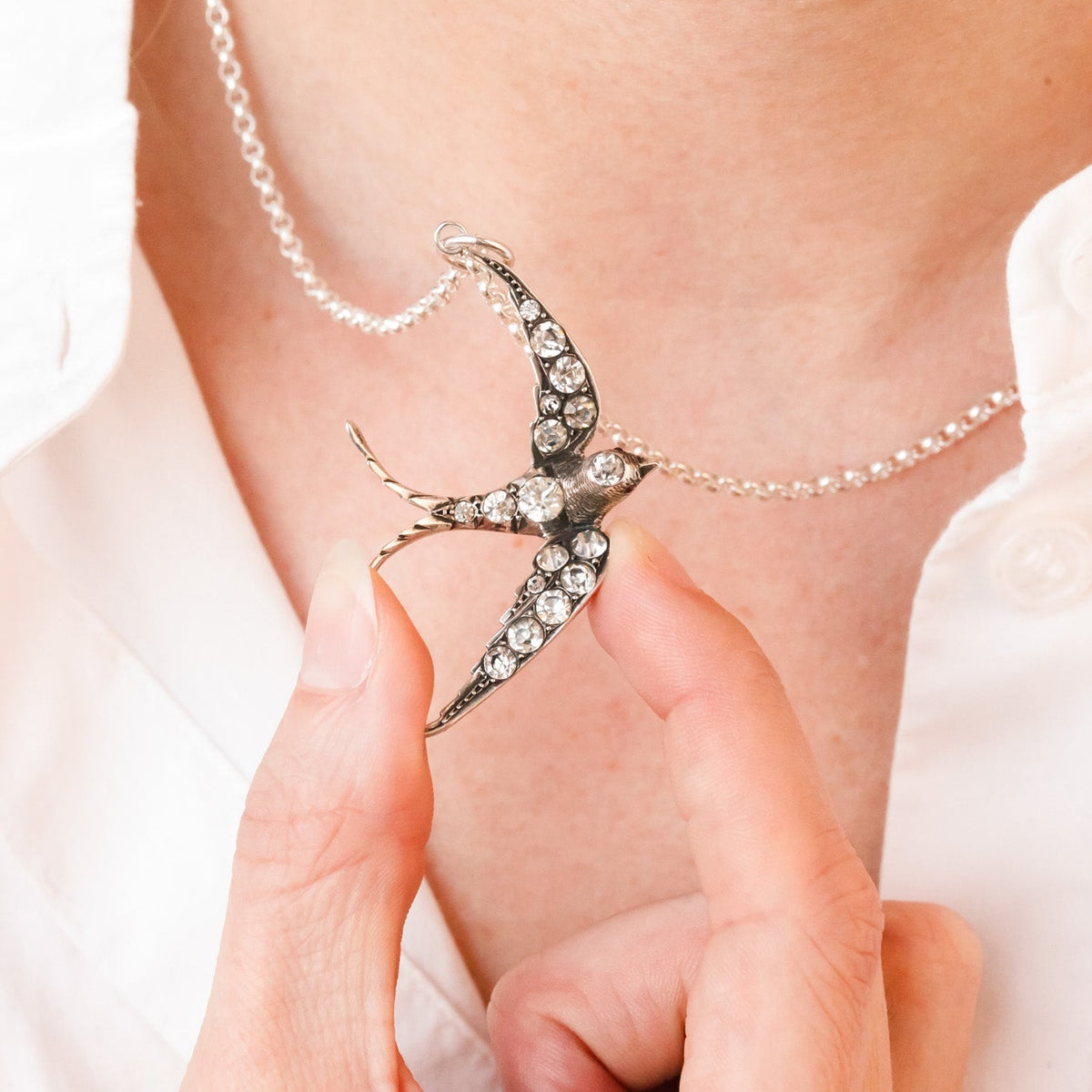 Art Deco Sterling Silver & Paste Swallow Pendant