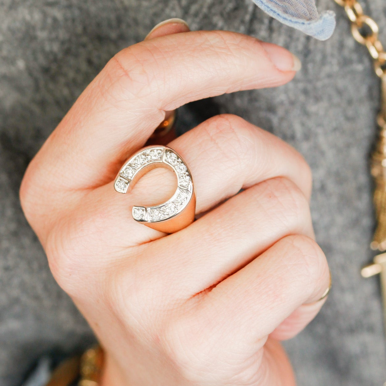 Lucky Diamond + Gold Horseshoe Ring