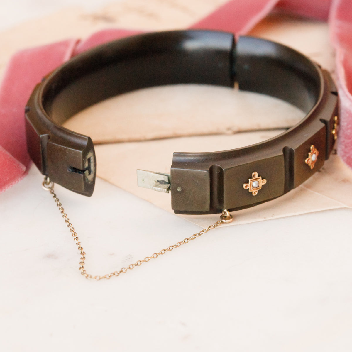 Victorian Vulcanite Bangle with Gold and Pearl Accents
