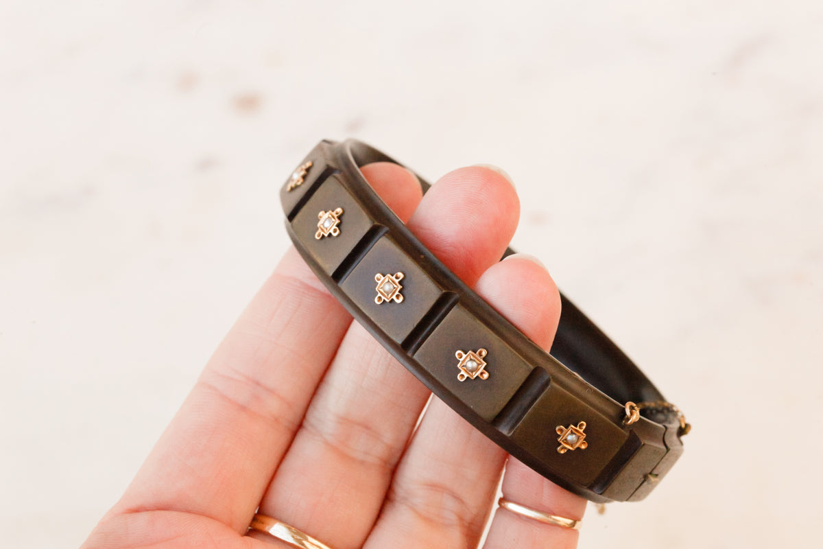 Victorian Vulcanite Bangle with Gold and Pearl Accents