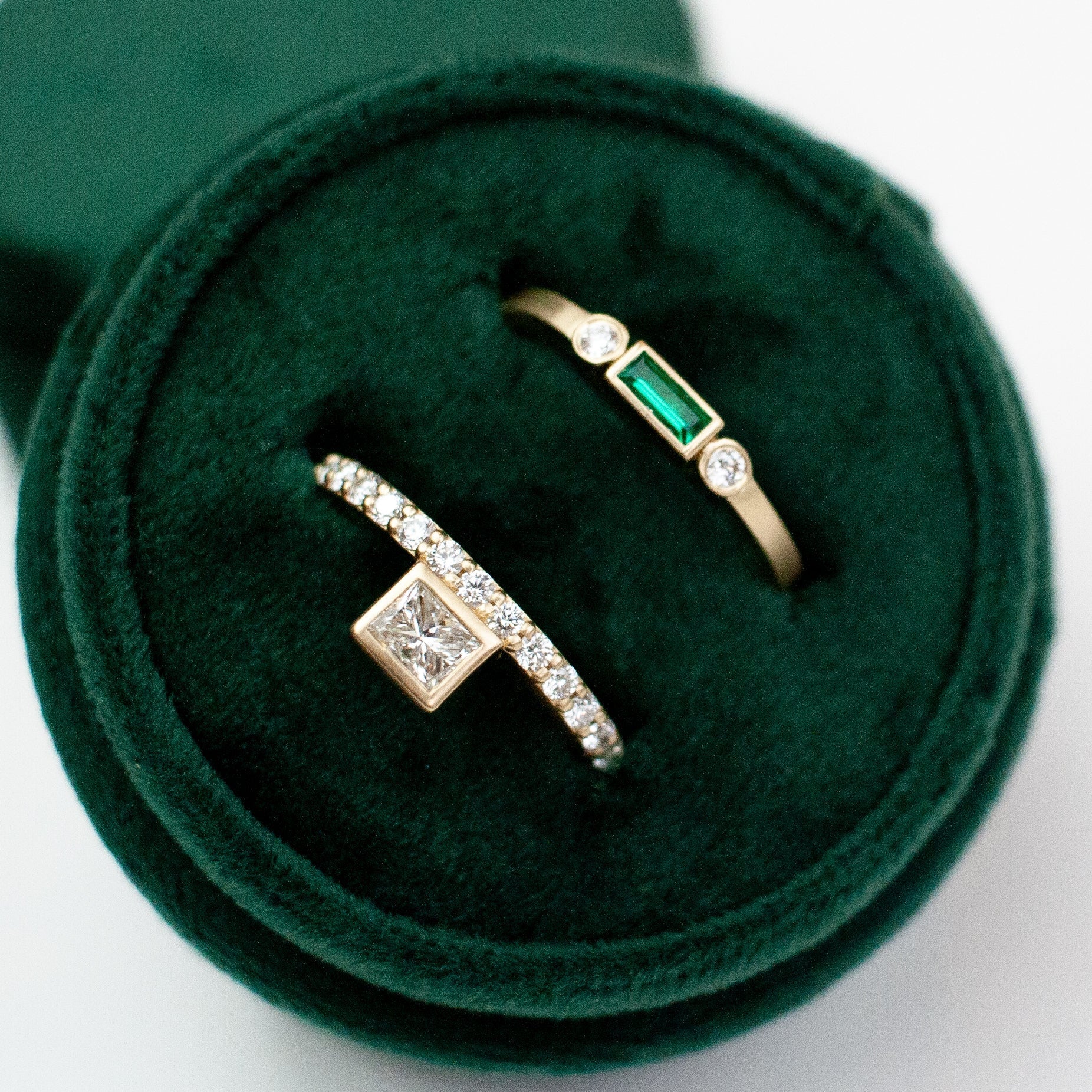 STACKABLE DIAMOND + EMERALD RINGS