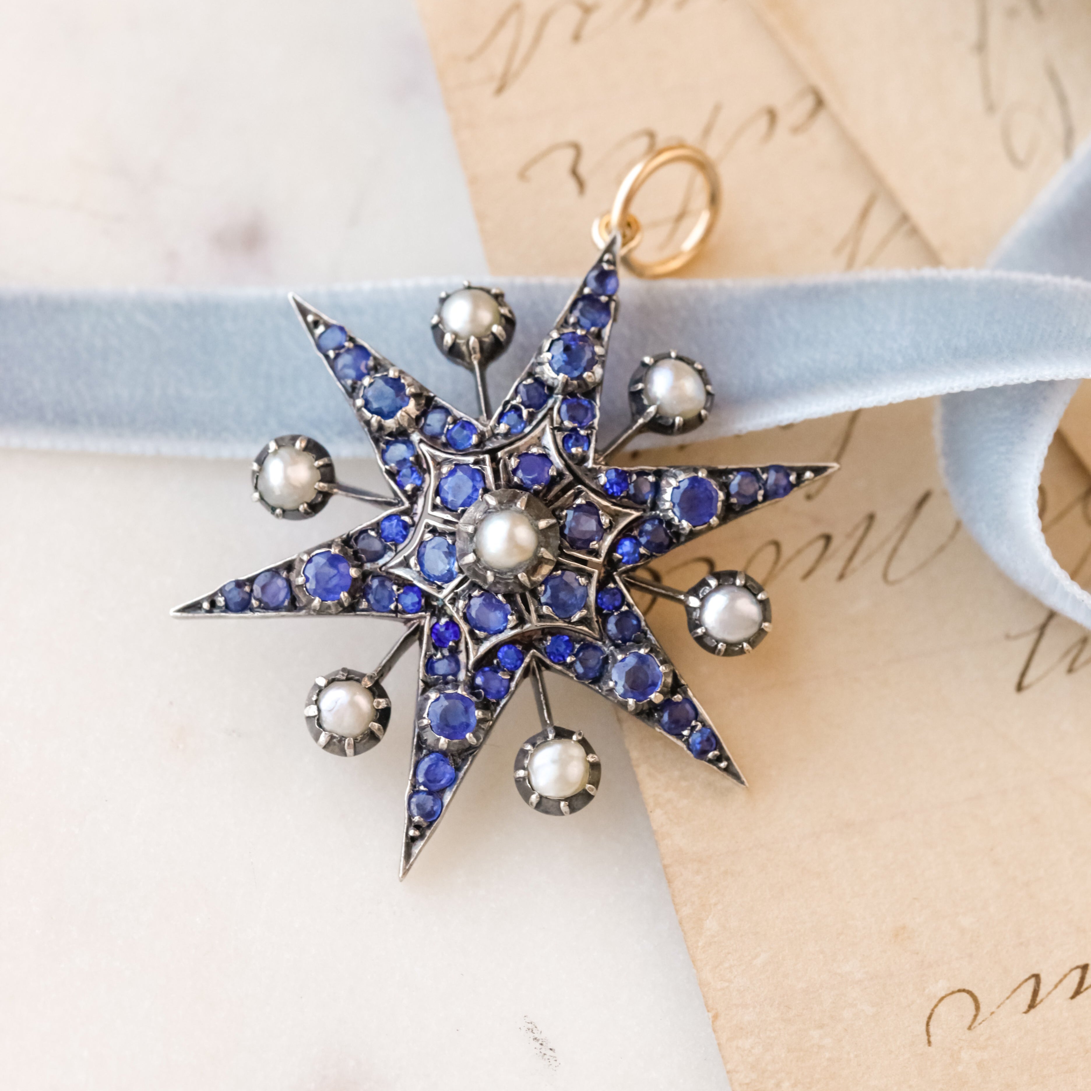 Old Cut Sapphire + Pearl Celestial Pendant