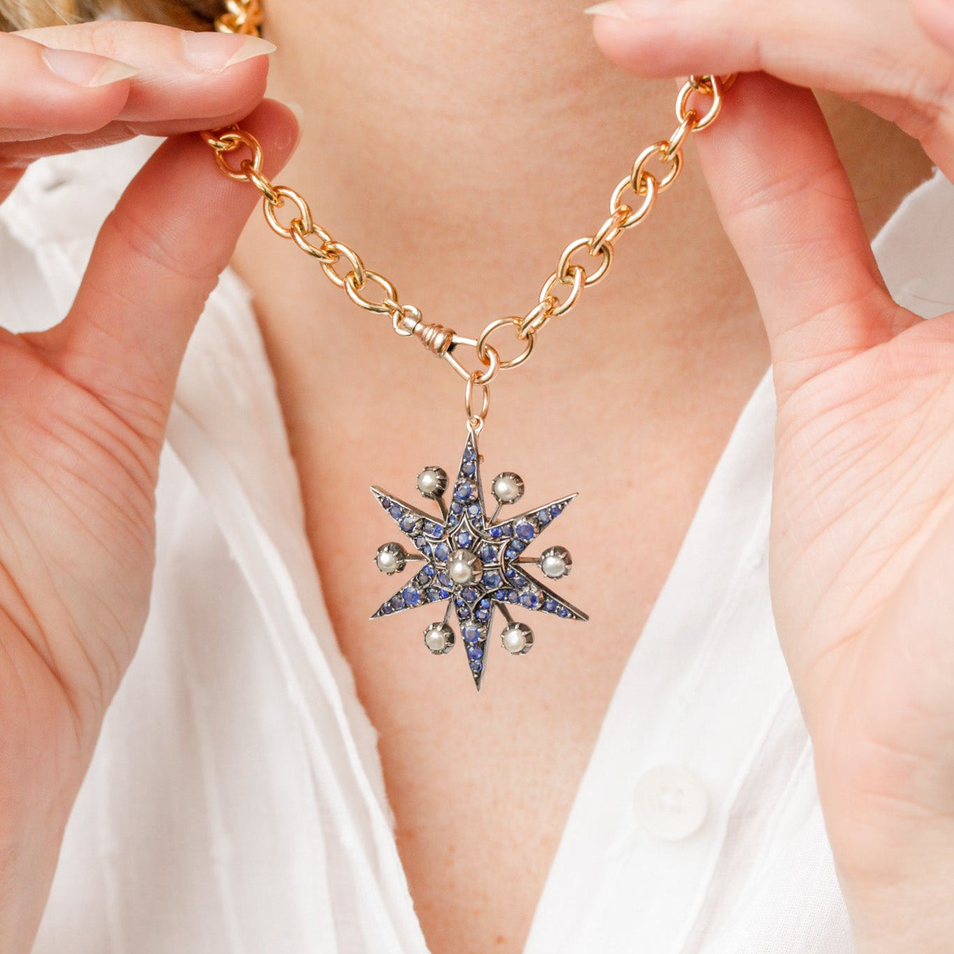Old Cut Sapphire + Pearl Celestial Pendant