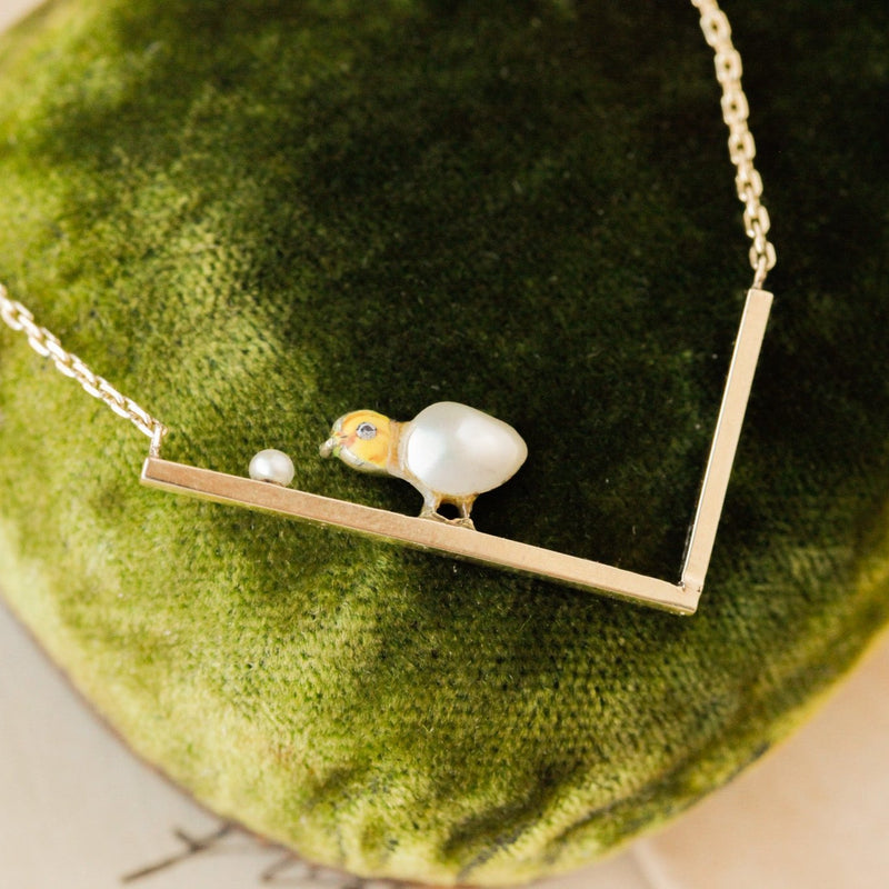 Enameled Chick + Pearl Necklace