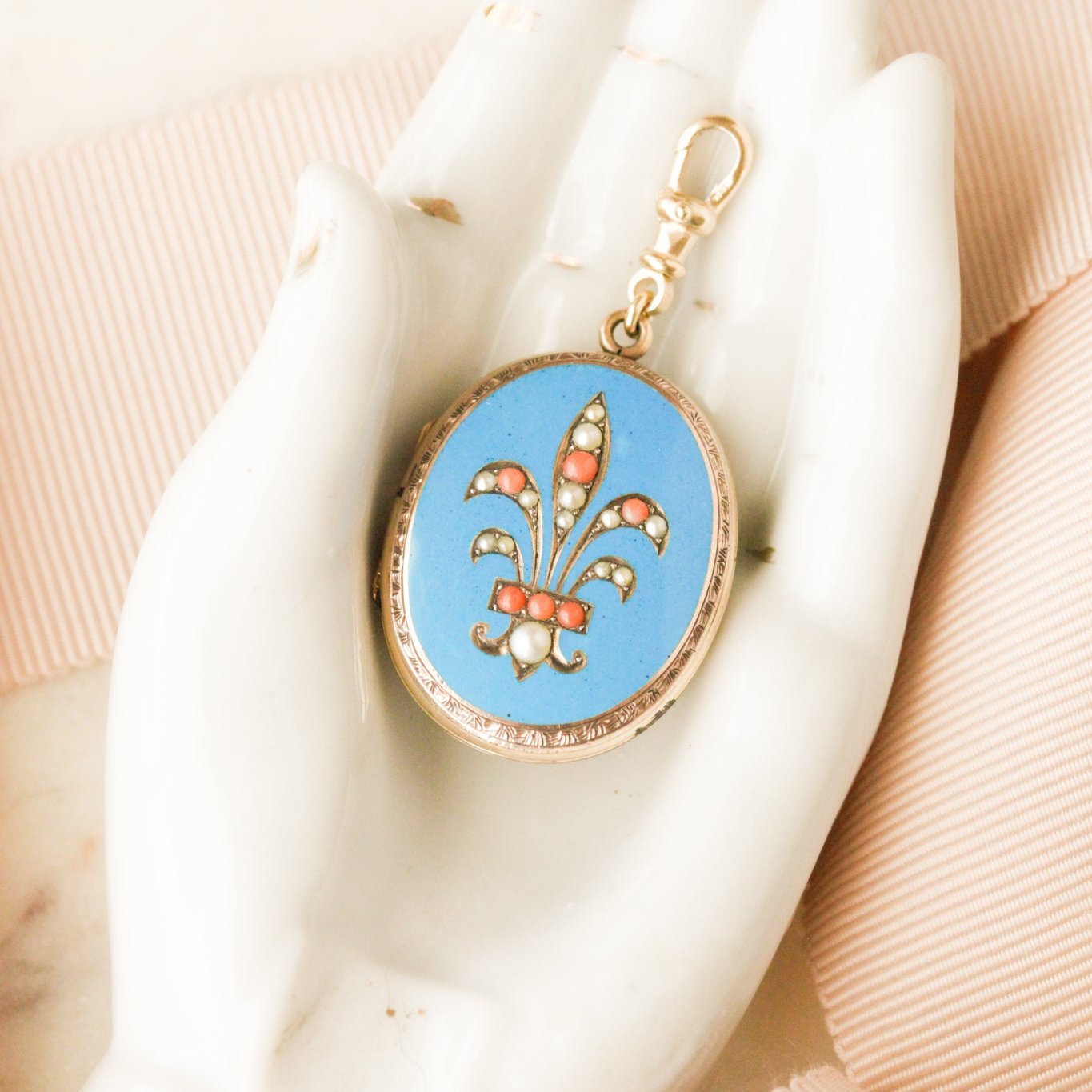 Enameled Coral + Pearl Gold Locket