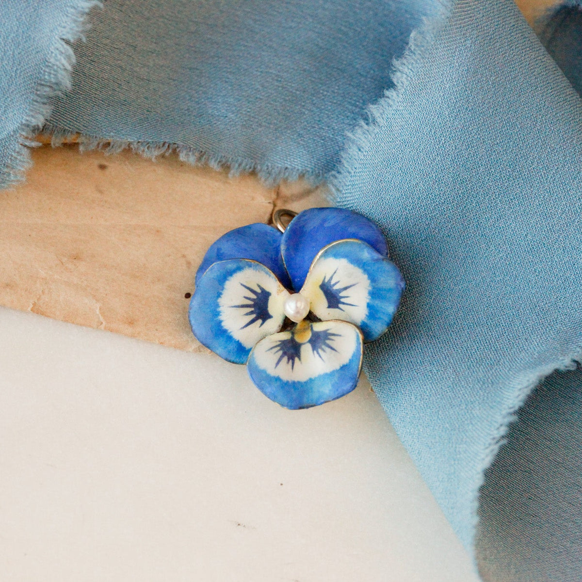 Edwardian Blue Enamel & Pearl Pansy Pendant