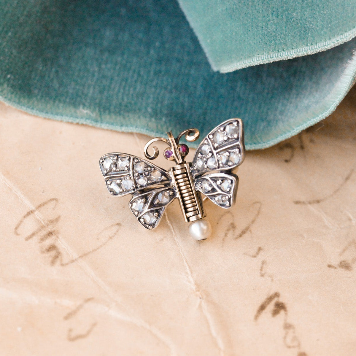 Georgian Diamond, Ruby & Pearl Butterfly Clip