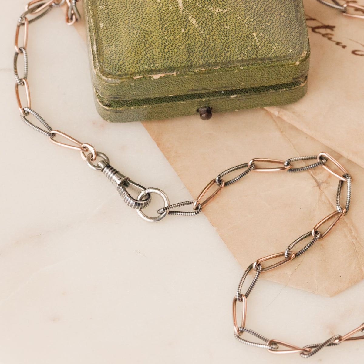 Victorian Niello Striped Elongated Cable Chain with Original Swivel Clasp