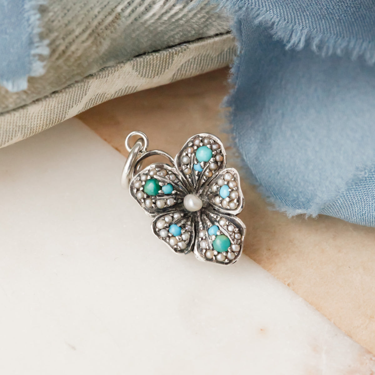 Victorian Turquoise and Seed Pearl Flower Pendant