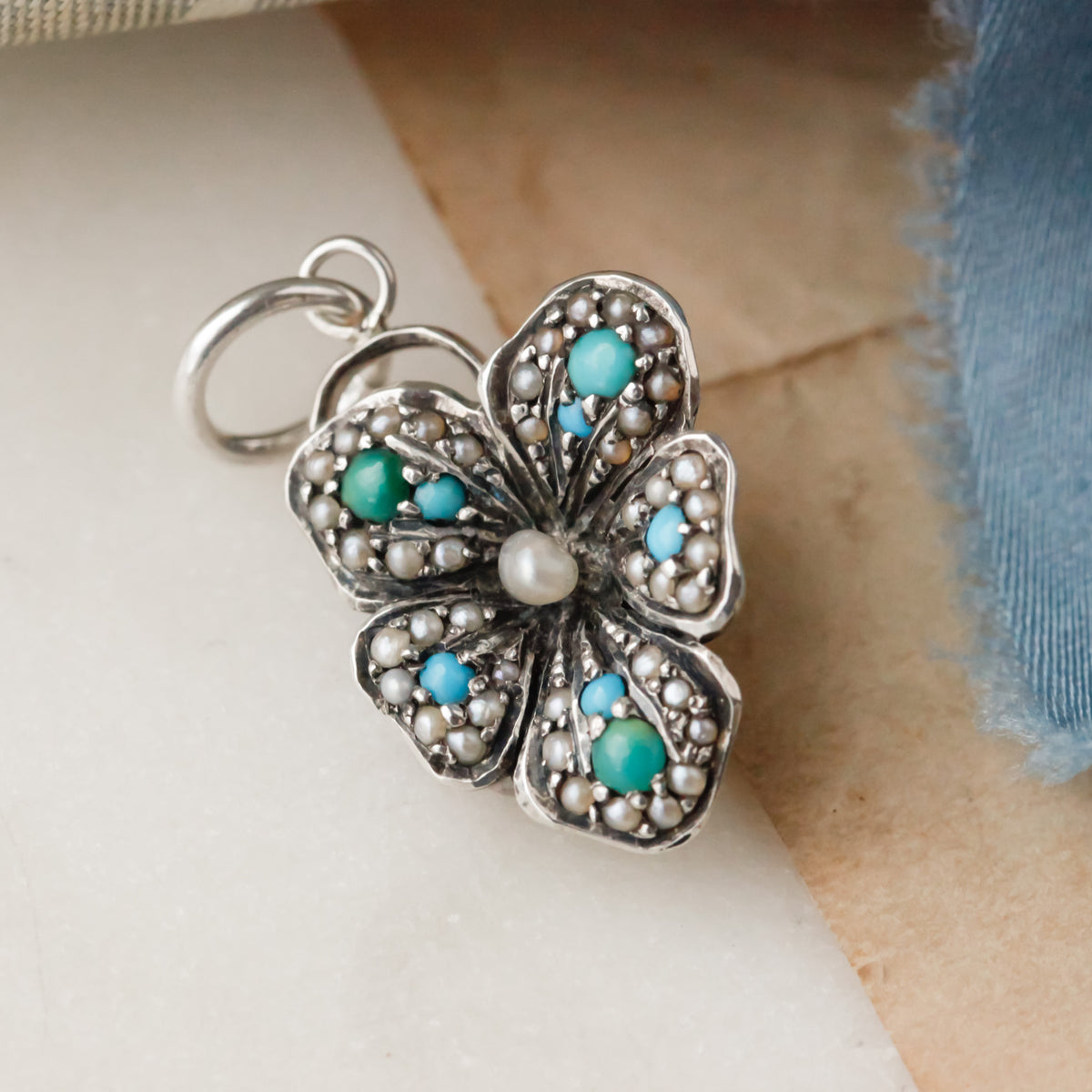 Victorian Turquoise and Seed Pearl Flower Pendant
