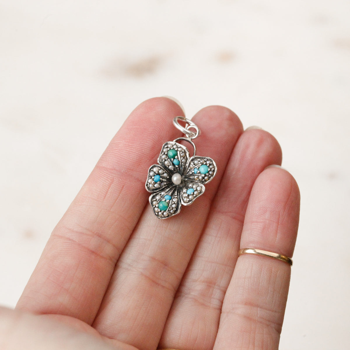 Victorian Turquoise and Seed Pearl Flower Pendant