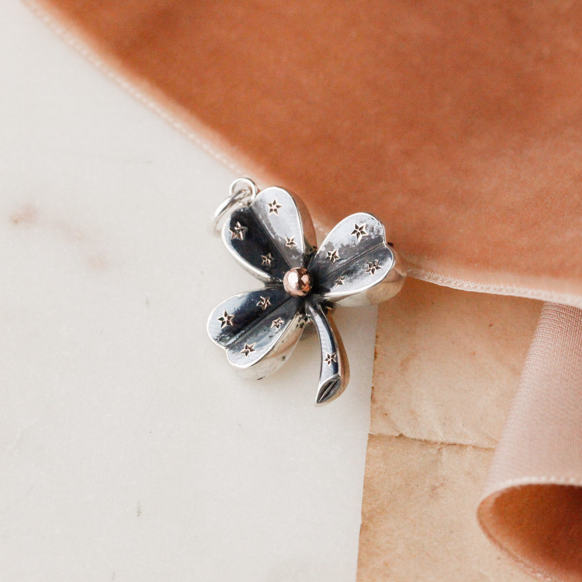 Victorian Silver and Niello Clover Pendant with Rose Gold Accents