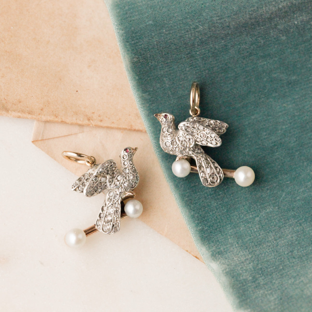 Georgian Diamond and Ruby Dove Pendants