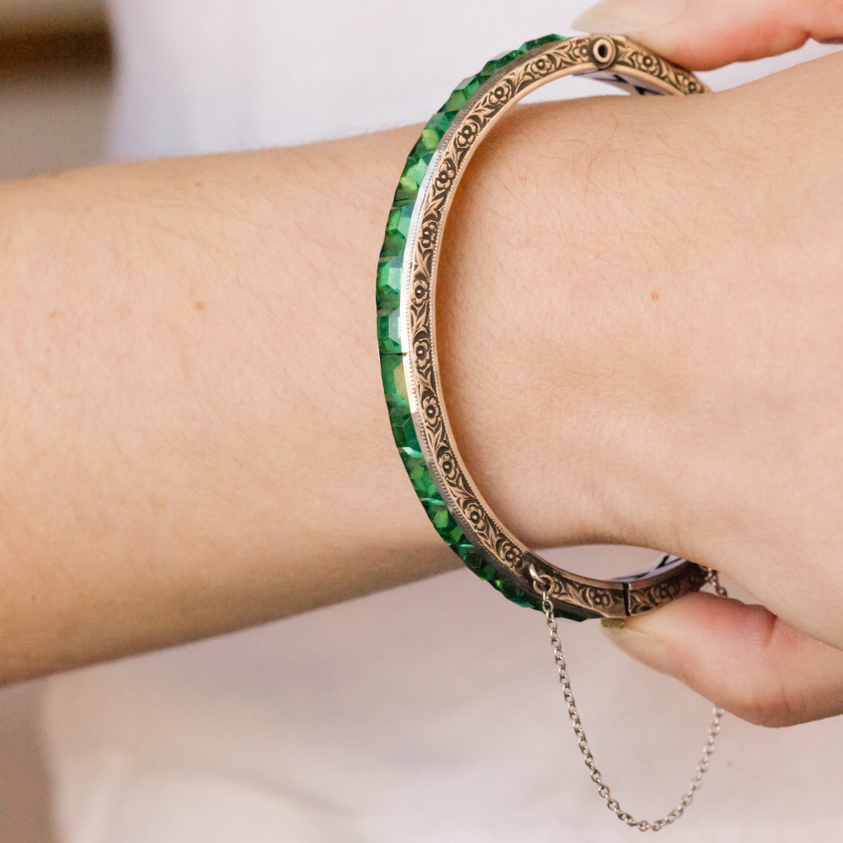 Potter Art Deco Emerald Green Crystal Bangle