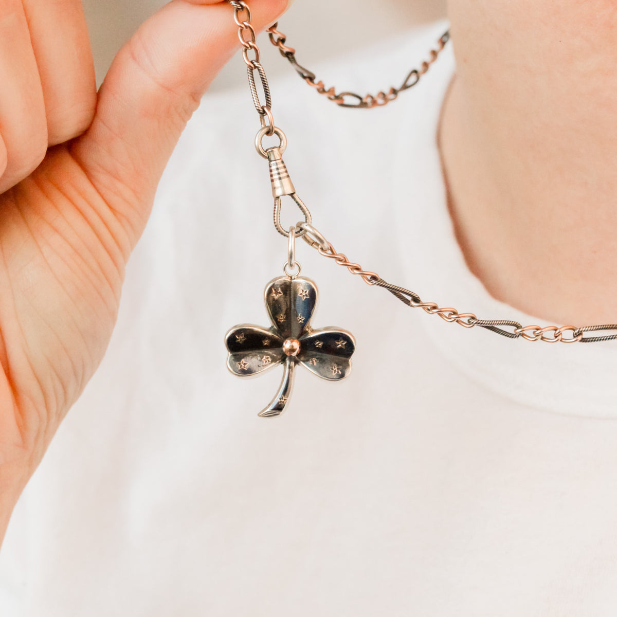 Victorian Silver and Niello Clover Pendant with Rose Gold Accents