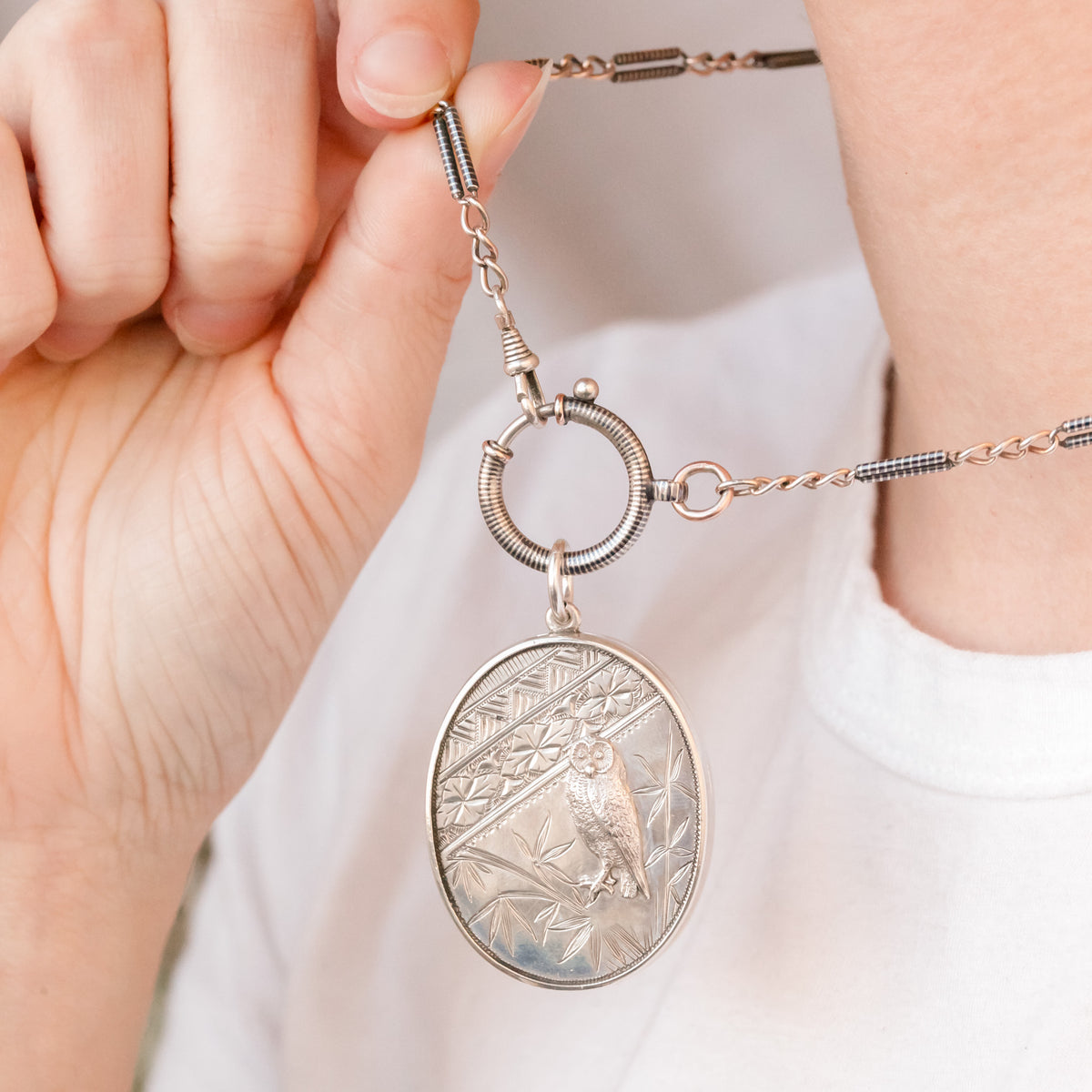 Athena Victorian Silver Owl & Bamboo Locket