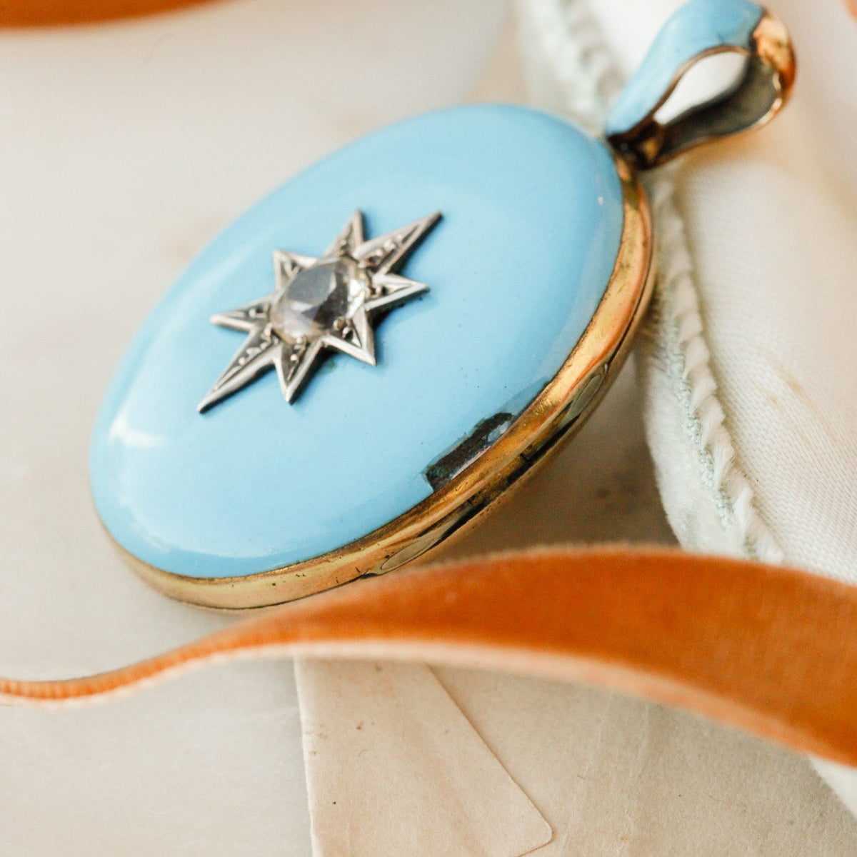 Celeste Victorian Blue Enamel Diamond Starburst Locket