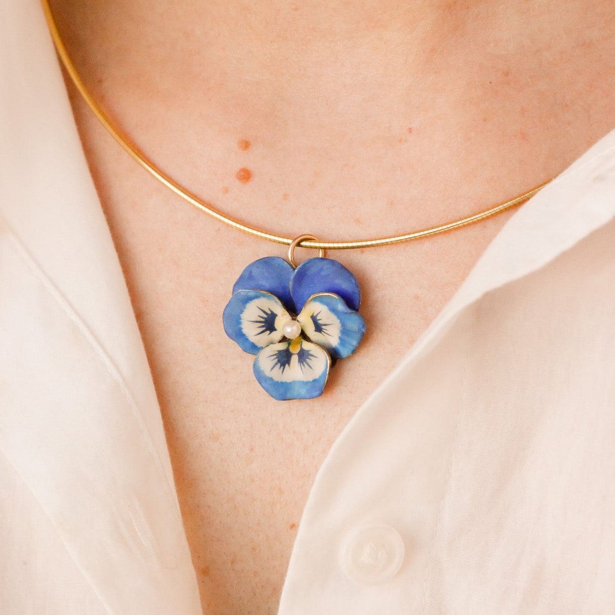 Edwardian Blue Enamel & Pearl Pansy Pendant