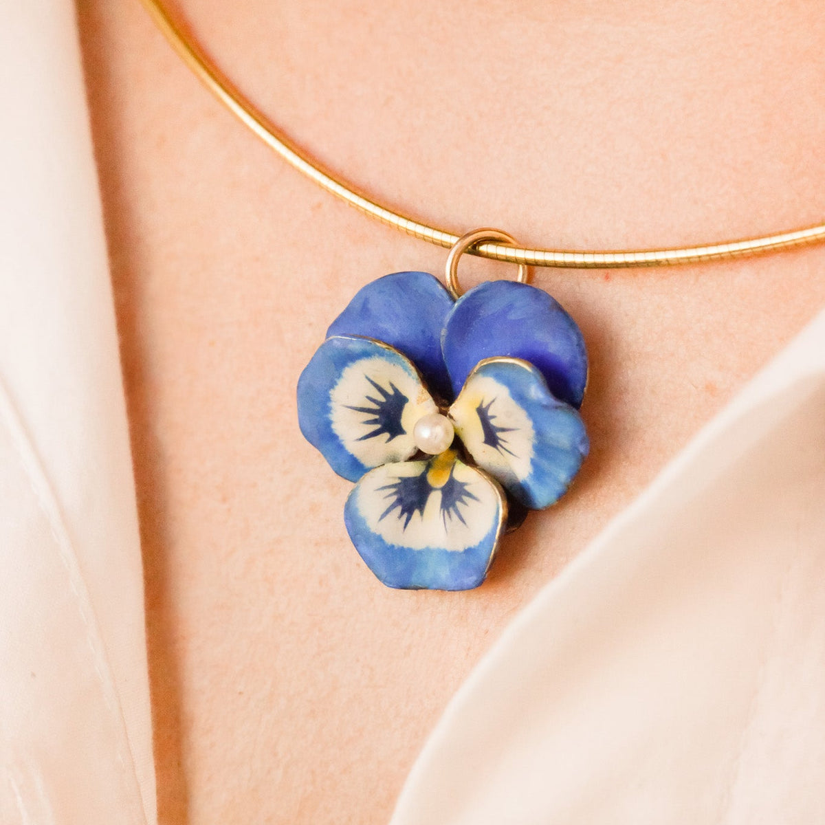 Edwardian Blue Enamel & Pearl Pansy Pendant