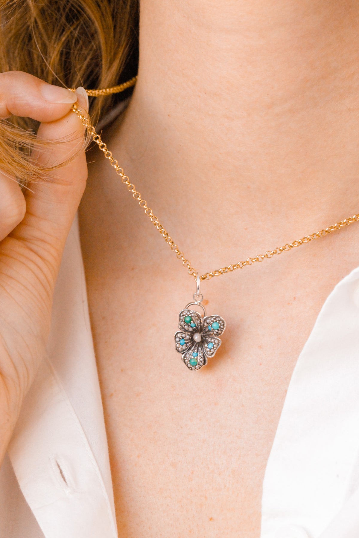 Victorian Turquoise and Seed Pearl Flower Pendant