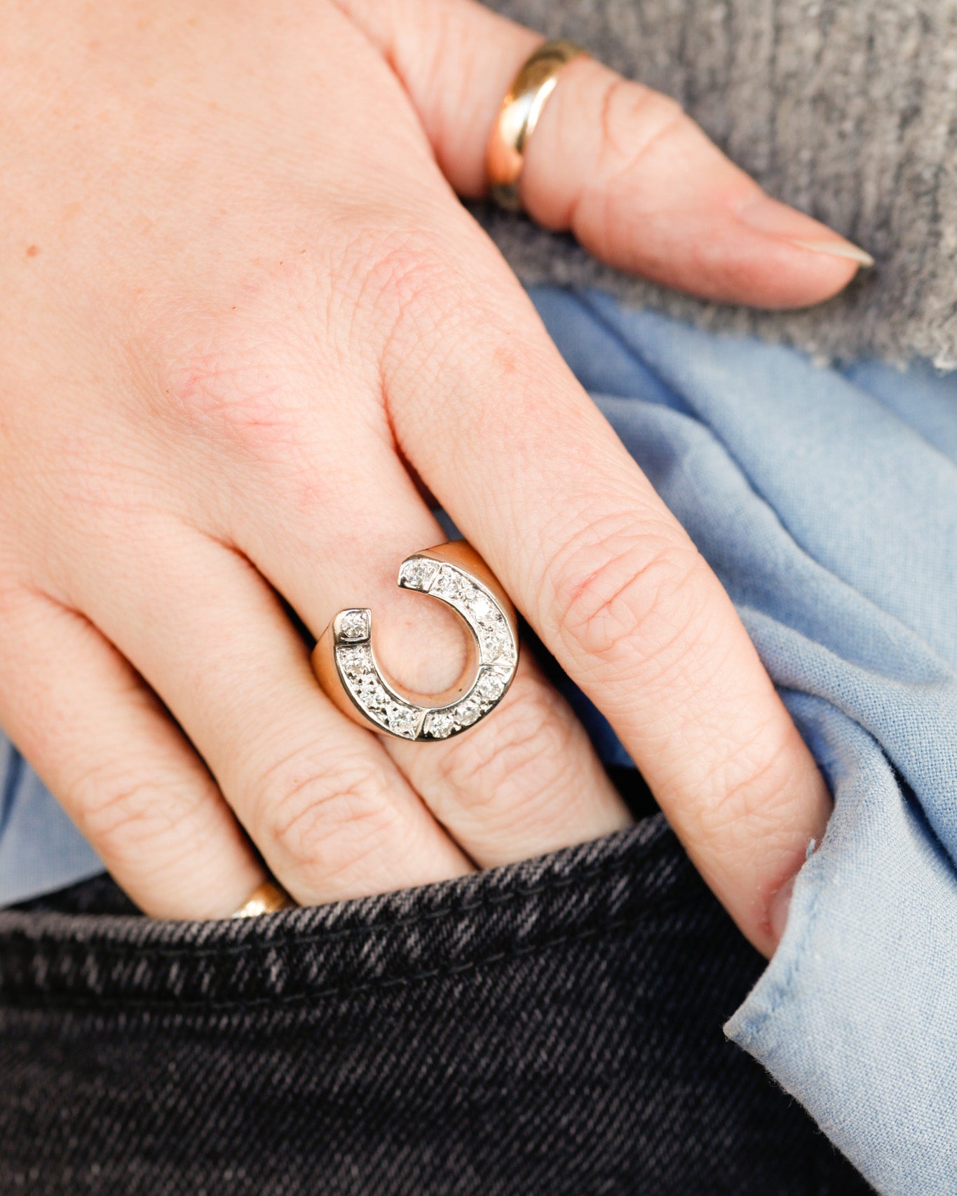 Lucky Diamond + Gold Horseshoe Ring